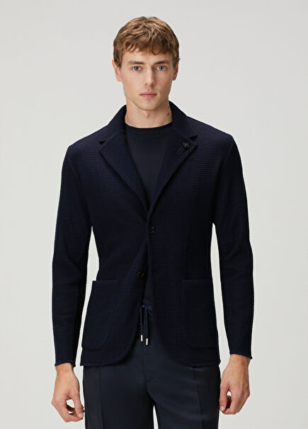 Lacivert Dokulu Yün Ceket