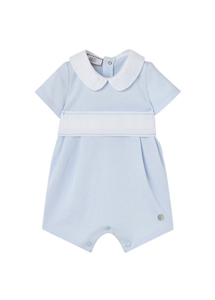 Mavi Pamuklu Yaka Detaylı Kısa Kollu Erkek Bebek Tulum 