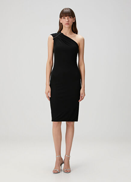 Black One Shoulder Midi Cocktail Dress