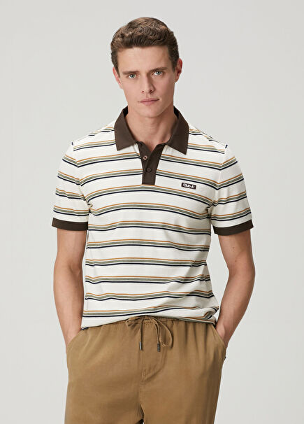 Yeşil Ekru Çizgili Comfort Fit Polo T-shirt