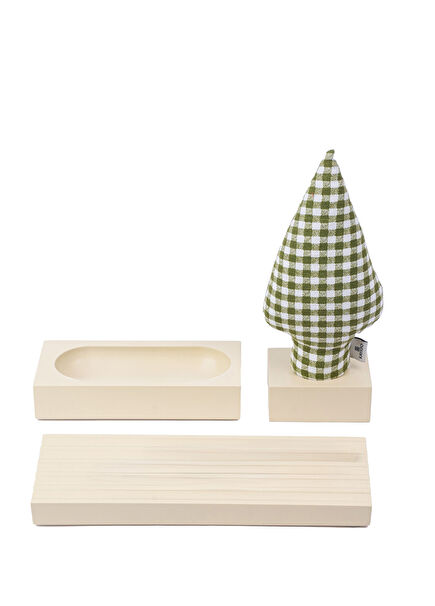 Woody Cream Green Gingham Cypress 3-Piece Desktop Organizer