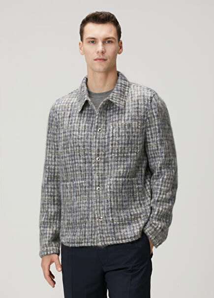 Wool Jacket With Gray Plaid Pattern