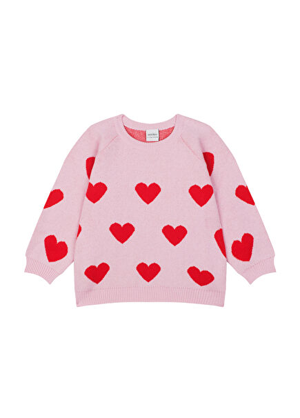 Heart Patterned Knitwear Pink Girls' Sweater