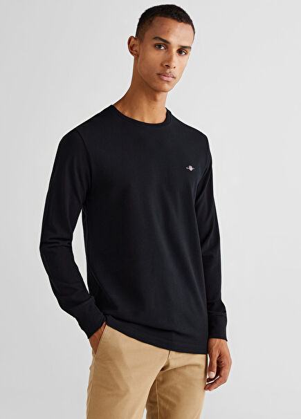 Siyah Bisiklet Yaka Slim Fit Uzun Kollu Erkek T-Shirt