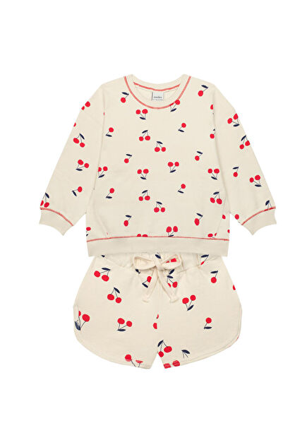 Kiraz Desenli Uzun Kollu Kız Çocuk Sweatshirt ve Şort 2'li Set