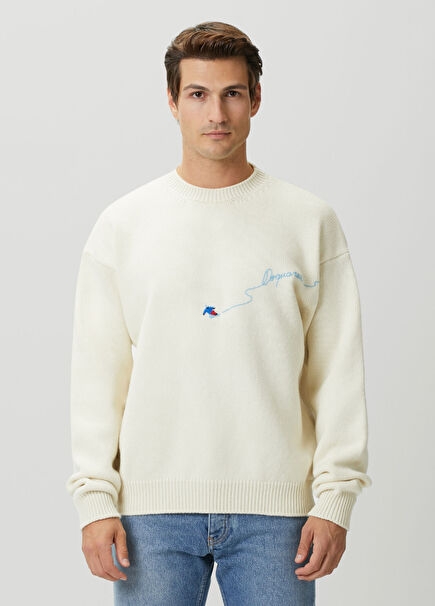 Beige Logo Embroidered Wool Knitwear