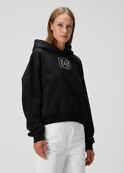 Siyah Kapüşonlu Logolu Sweatshirt