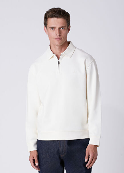 Kırık Beyaz Polo Yaka Interlock Sweatshirt