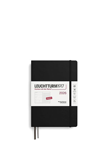 Black A5 Hard Cover English Dotted 2026 12 Month Planner & Notebook 372700