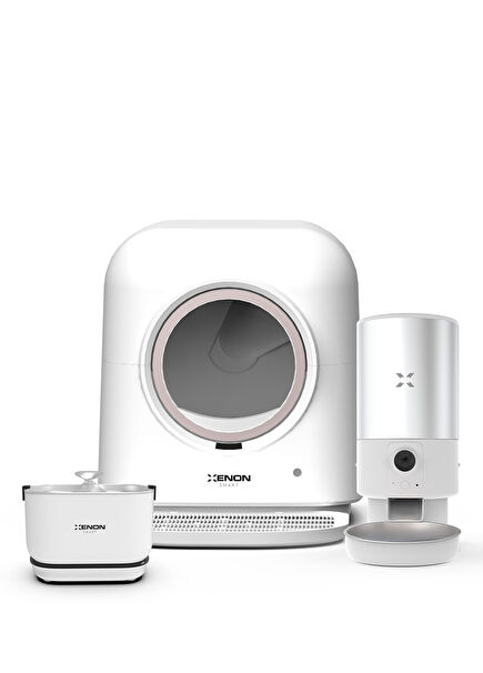 Beyaz Çelik Hazneli Mama Kabı ve Bataryalı Otomatik Çelik Su Pınarı & Akıllı Otomatik Kedi Tuvaleti 3'lü Pet Ürünleri Seti 