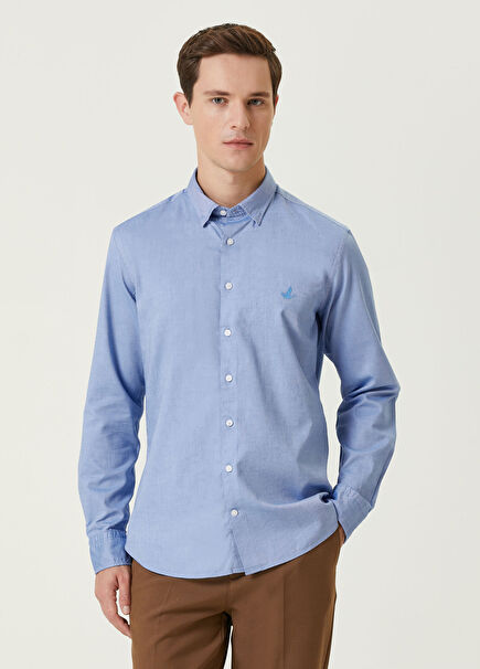 Slim Fit Mavi Gizli Düğmeli Yaka Gömlek