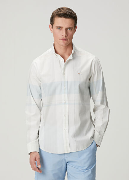 White Blue Patterned Regular Fit Cotton Shirt