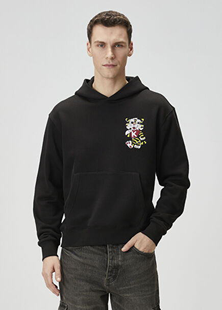 Wild Tiger Black Hooded Logo Patched Sweatshirt