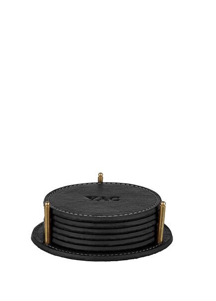 Black Leather Set of 6 Coasters