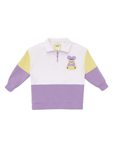 Dik Yaka Lila Yarım Fermuarlı Kız Çocuk Sweatshirt