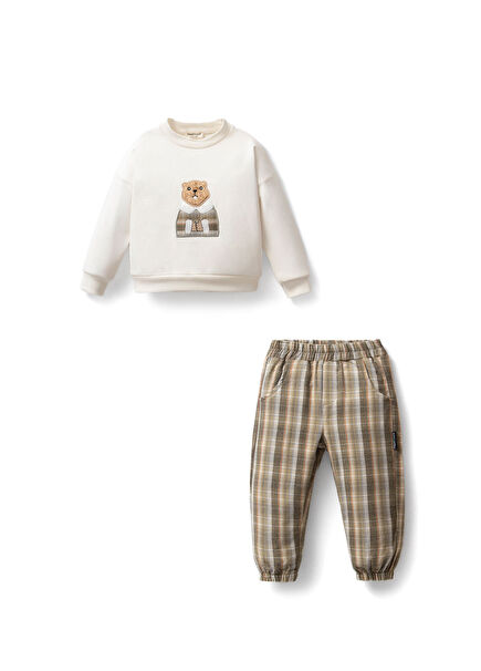 Sincap Nakışlı Ekose Pamuklu Sweatshirt Pantolon Erkek Çocuk 2'li Set 