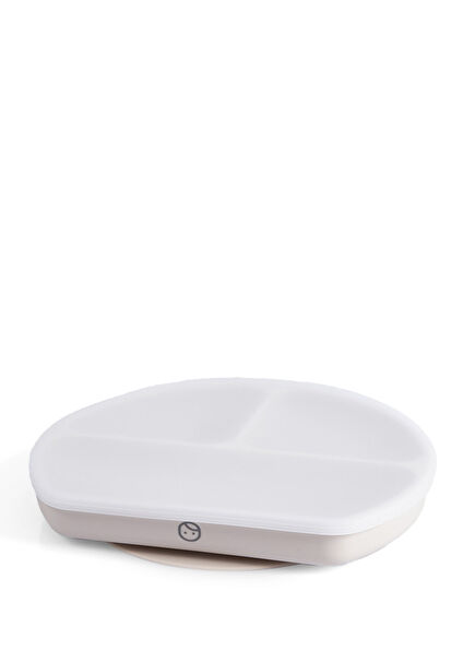 Bej Silikon Vakumlu 3 Bölmeli Kapaklı Bebek Çocuk Mama Tabağı