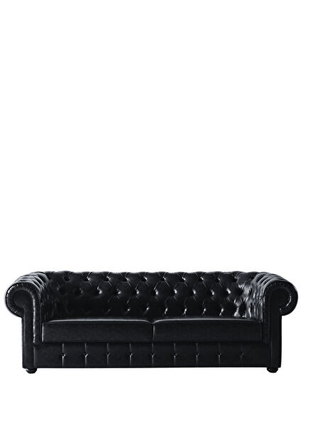 Mozart Siyah Deri Üçlü Chester Kanepe