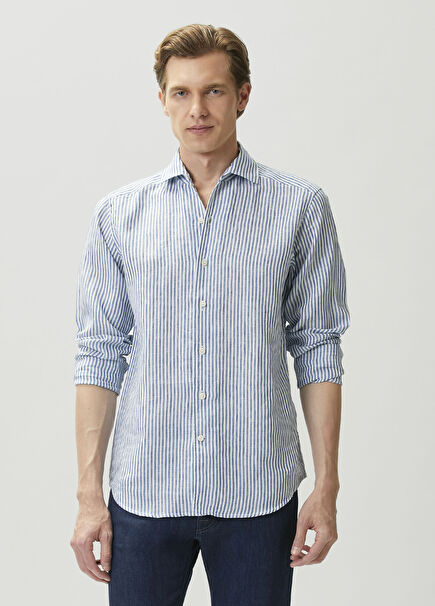 Dark Blue Striped Linen Shirt