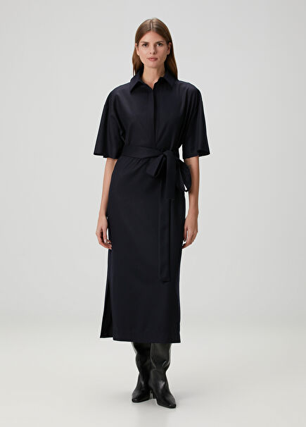 Navy Blue Midi Wool Shirt Dress