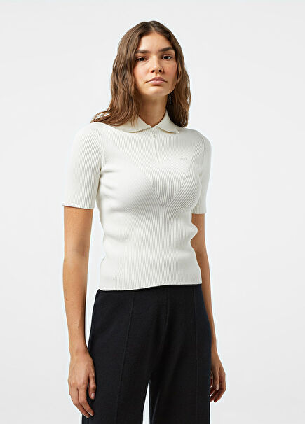 Beyaz Polo Yaka Slim Fit Kısa Kollu Kadın Triko