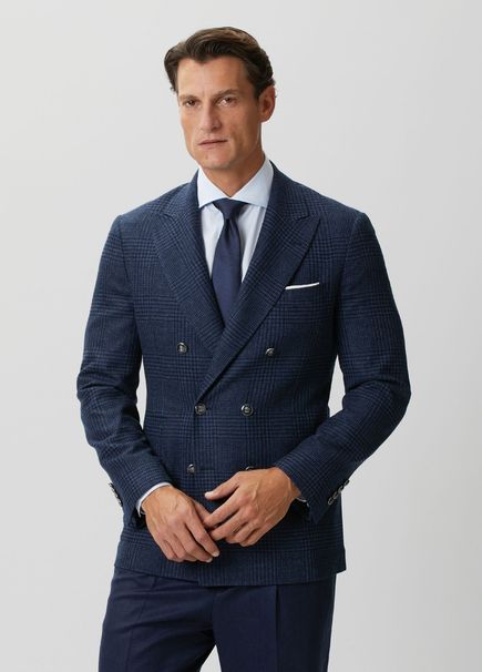 Navy Blue Plaid Patterned Wool Double-Breasted Jac