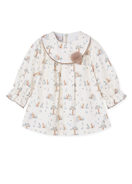 Cream Color Patterned Long Sleeve Baby Girl Dress