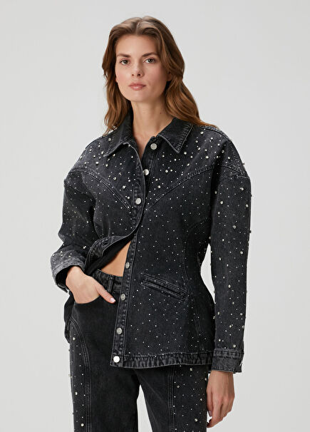Shiri Grey Crystal Stone Denim Jacket