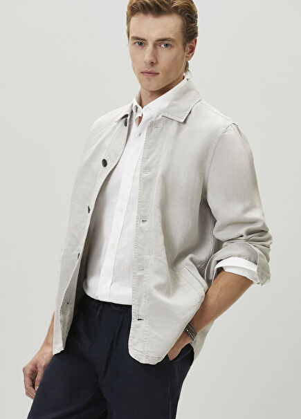 Gri Parça Boya Düğmeli Keten Dış Gömlek