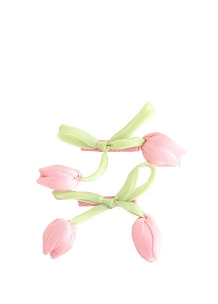 Pink Satin Fiber Oriental Tulip Figured Bow 2 Pcs Girls Clip Clasp Set