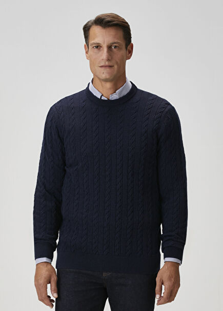 Lacivert Saç Örgü Dokulu Yün Kazak