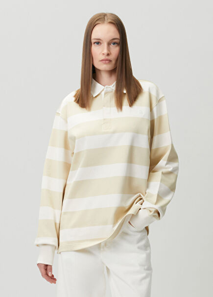 Rugby Beige White Striped Polo Sweatshirt