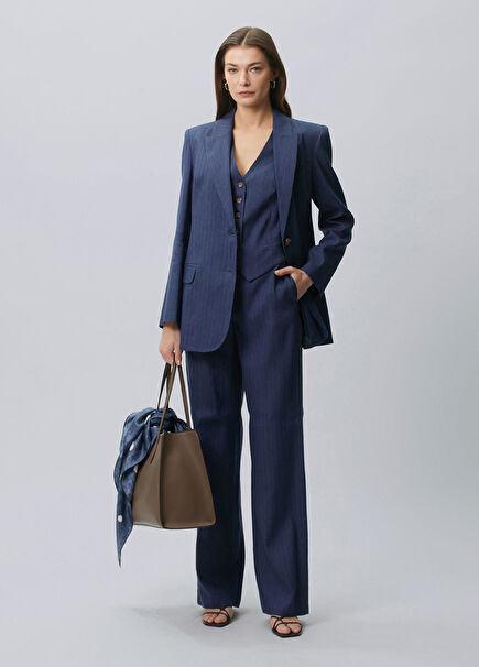 Indigo Çizgili Keten Pantolon