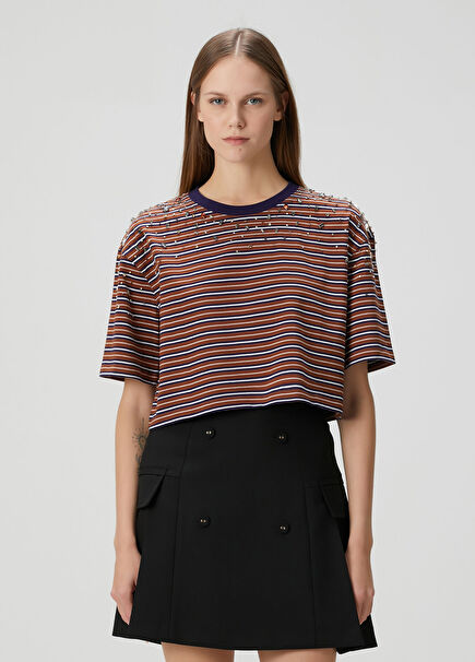 Aristee Kahverengi Çizgili İşlemeli T-shirt