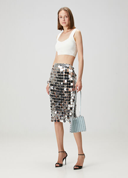 Silver Sequined Midi Evening Skirt