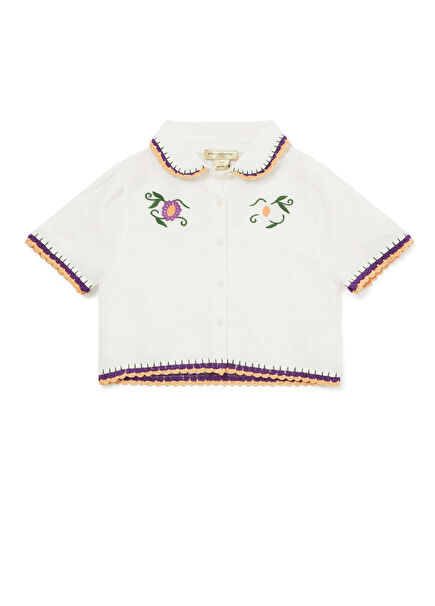 Bone Embroidered Girl's Linen Polo Shirt