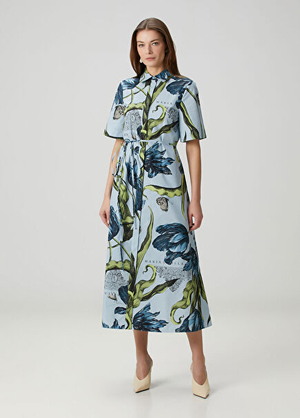 Blue Floral Midi Shirt Dress