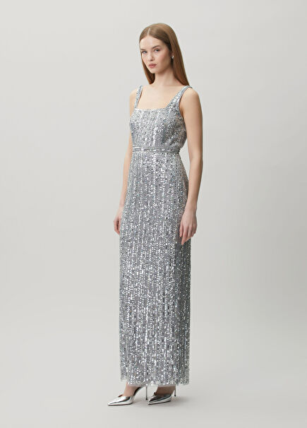 Silver İşlemeli Maksi Abiye Elbise