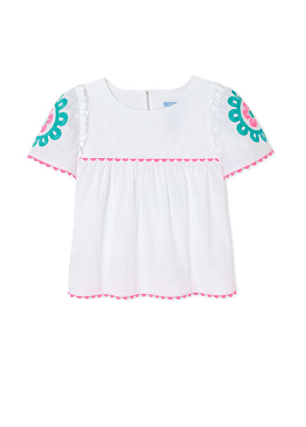 Short Sleeve Girls' Poplin Blouse with White Ornament Stitching