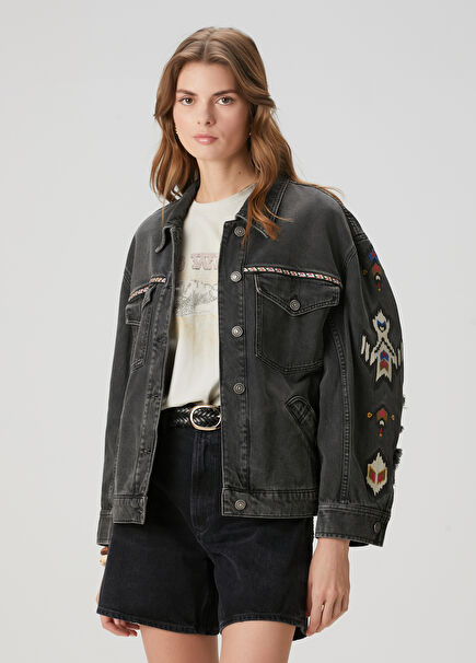 Manona Dark Grey Embroidered Denim Jacket