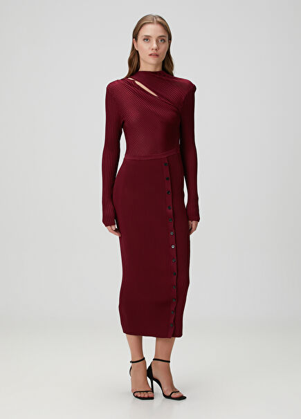 Burgundy Ribbed Midi Evening Dress
