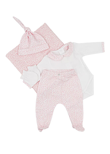 Pembe Leopar Desenli Kız Bebek Hediye Seti