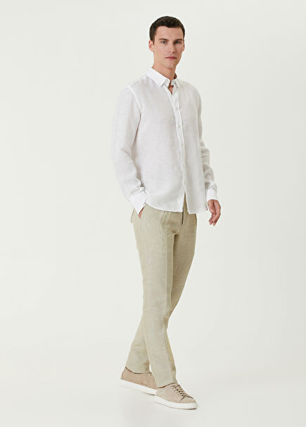 Beige Pleated Linen Trousers
