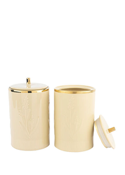 Krem Rengi Porselen Lavanta Kabartmalı 2'li Kavanoz Seti