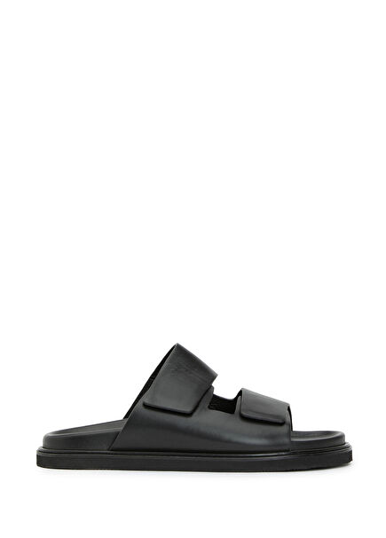 Black Double Band Men's Leather Slippers