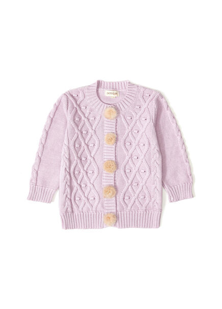 Purple Girl Baby Pom-Pom Buttoned Organic Cotton Cardigan
