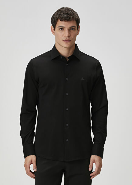 Slim Fit Black Knitted Stretch Shirt