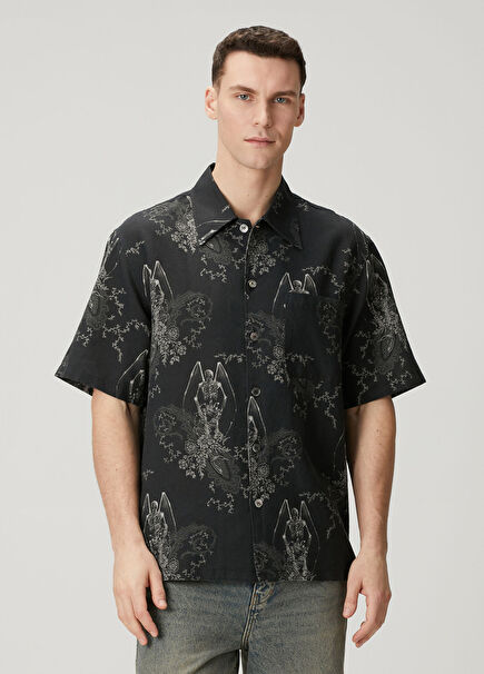 Every Koyu Yeşil Figür Desenli Kısa Kollu Gömlek