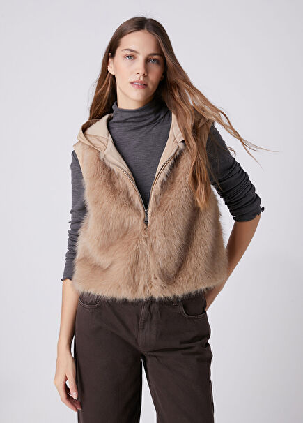 Beige Hooded Puffer Vest