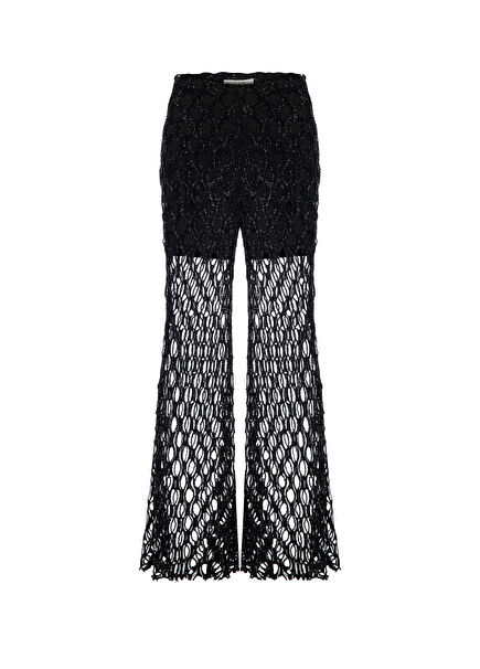 Siyah Parıltılı Kumaş Dantel Detaylı Astarlı İspanyol Paça Kadın Pantolon